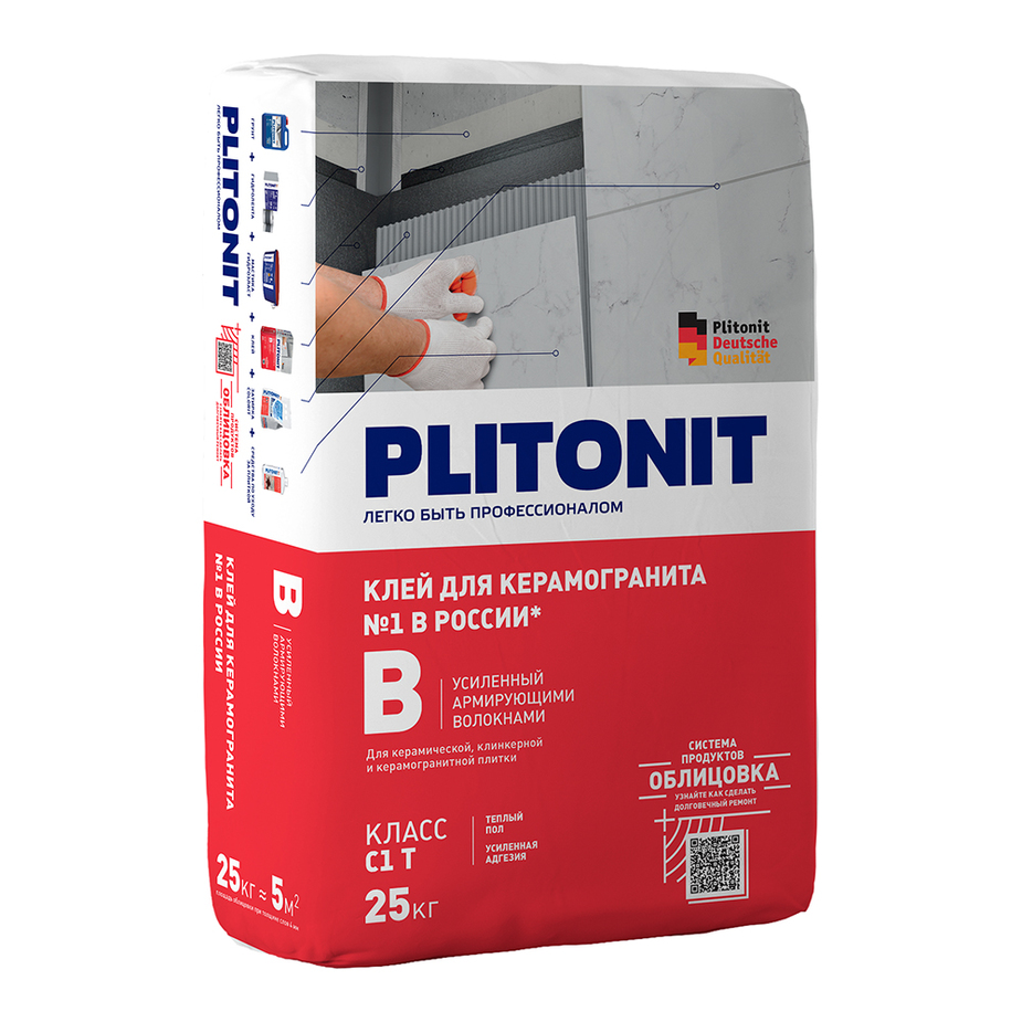 Купить Клей Plitonit В усиленный с армирующими волокнами серый (класс С1) 25 кг для плитки и керамогранита